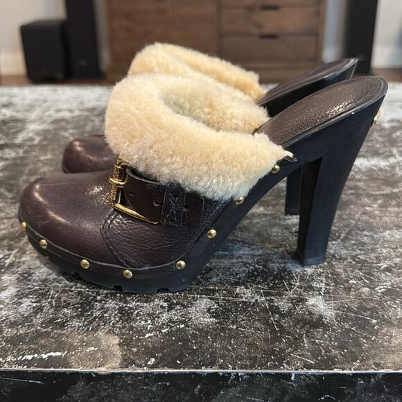 Michael Kors Black Leather and Shearling Heeled Clogs Size 7.5 - Picture 2 of 8